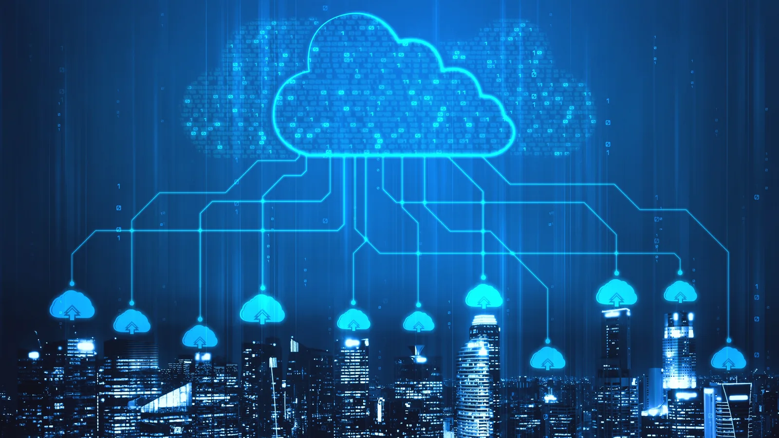 Glowing cloud network connected to a city skyline of servers and buildings