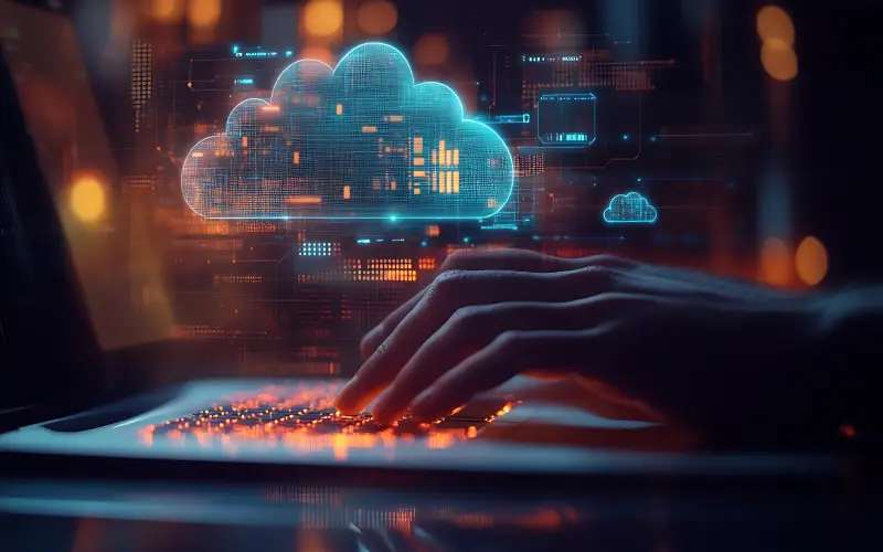 Consultant working on a laptop beneath a glowing cloud network graphic