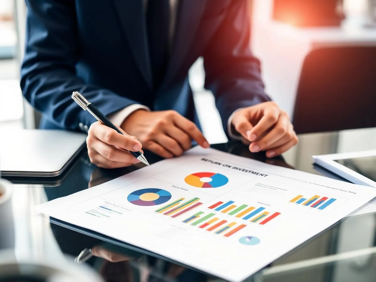 Analyst reviewing a return on investment report with charts