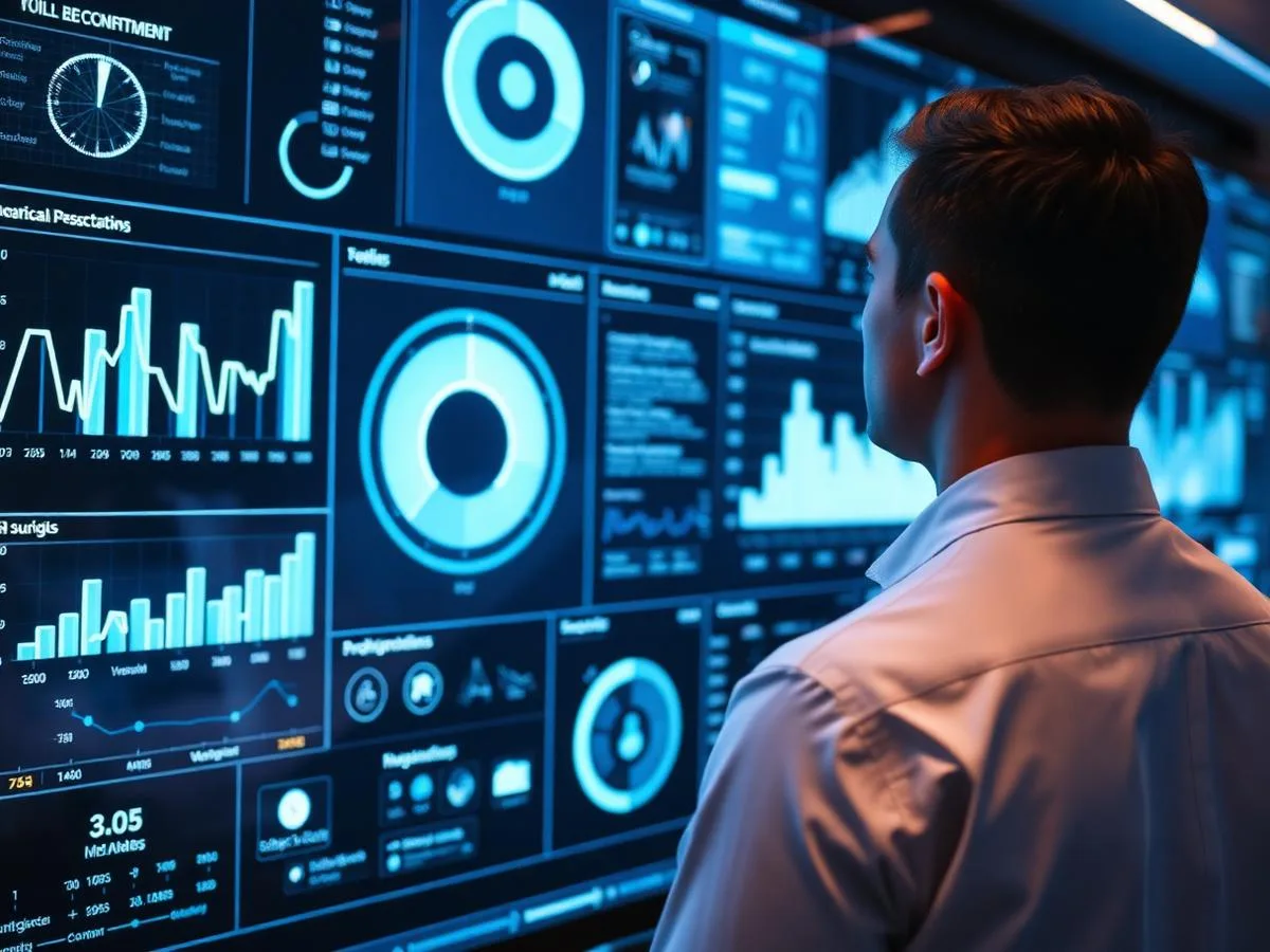 Analyst reviewing a business intelligence dashboard wall