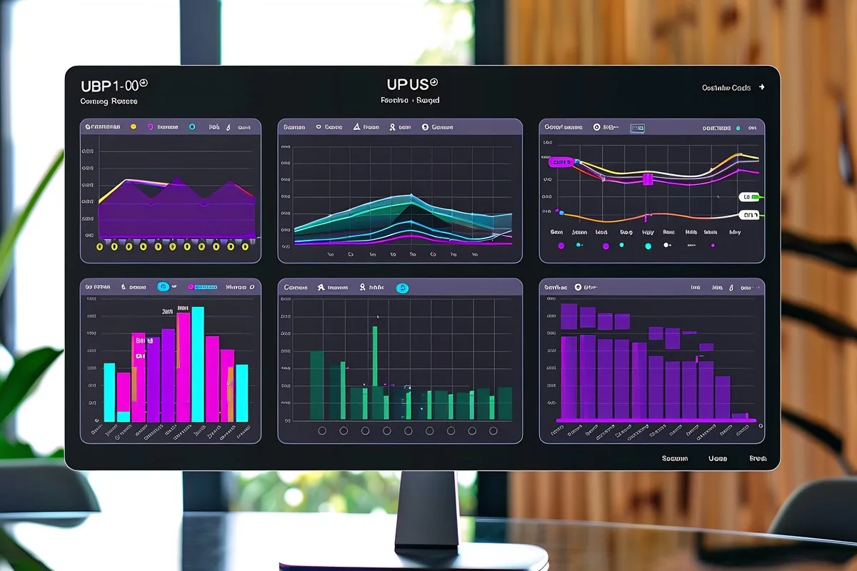 Kibana dashboards: floating charts and timelines in gold and navy