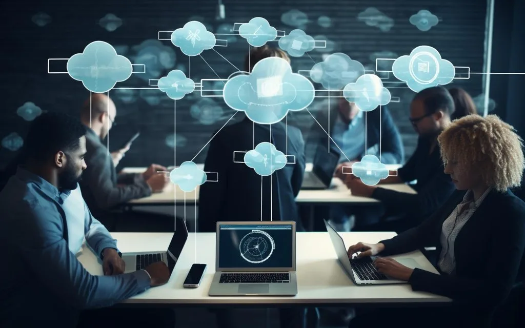Cloud and systems linked to a CRM dashboard over a navy background with gold accents